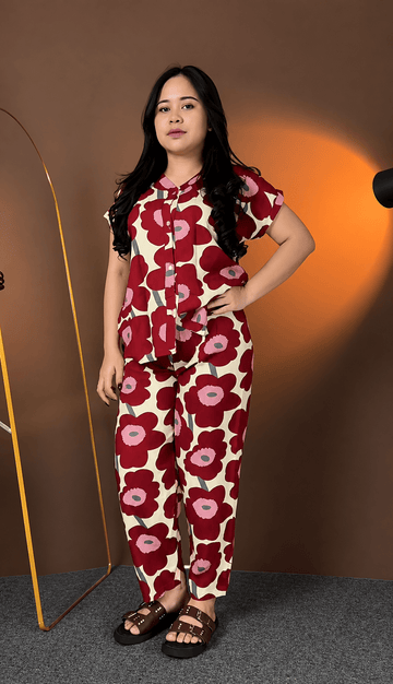 Premium Red Printed Rayon Co - Ord Set - Chhorii Fashion