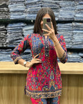 Printed Asymmetric Red And Blue Rayon Co - Ord Set - Chhorii Fashion