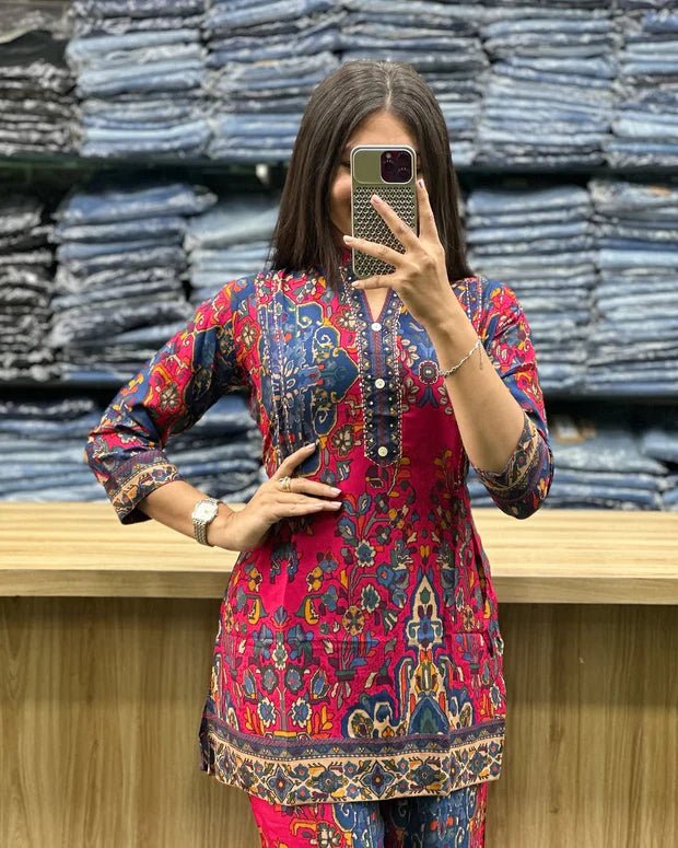 Printed Asymmetric Red And Blue Rayon Co - Ord Set - Chhorii Fashion